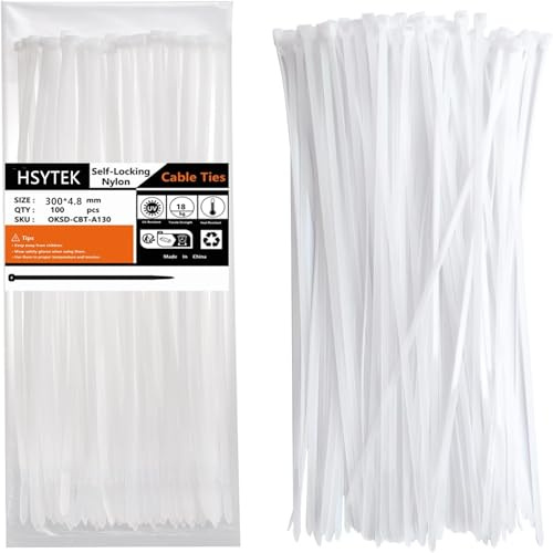 HYSTEK Weißes Kabelbinder, 100 Stück, UV-Beständig und Wetterbeständig, Längen 300mm und 4.8mm Breite, Optimal für Kabelmanagement, Industrie, Gartenarbeit und Wohnen, Zugfest bis 22kg