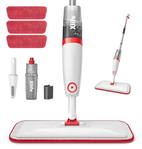 Xlife - Trapeador en aerosol para limpieza de suelos con 3 almohadillas lavables, mopa húmeda y seca para cocina, madera, laminada, baldosas de cerámica, limpieza de polvo de pisos, color rojo (sin