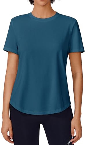 PINSPARK Moisture Wicking Shirts for Women Shorts Sleeve Quick Dry Running Shirt Soft Casual Athletic Gym Workout Tops,Dark Blue Large