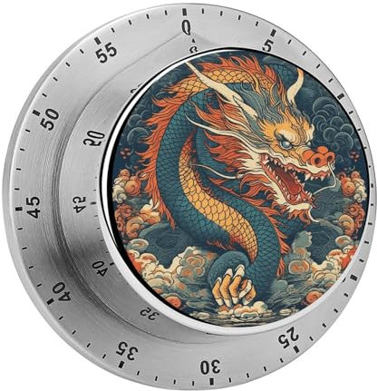 Kitchen Timer Magnetic Stainless Steel,Retro Dragon Pattern Printed Mechanical Manual Timer for Fitness Projects Kitchen Learning Countdown Timer