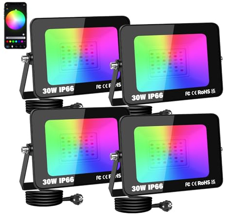 SKYWORLD 4 piezas Proyector RGB 30W, Focos Led con APP Bluetooth y Temporizador, 16 Millones de Colores, IP66 Impermeable Foco RGB Exterior para Patio Camino Jardín Almacén Terraza Garaje