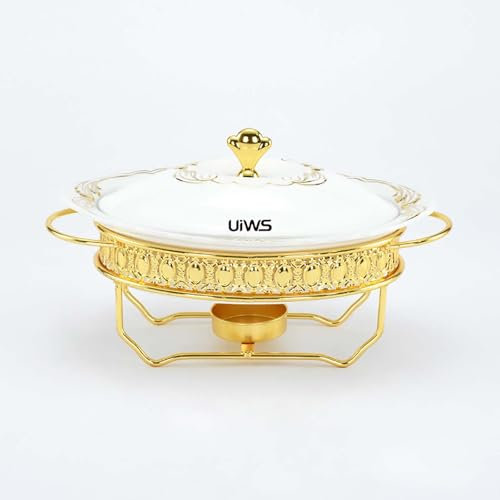 XQKXHZ Oval Chafing Dishes for Buffet, White Ceramics Chafing Dish, Premium Food Warmers, Buffet Servers with Visible Glass Lid & Fuel Holders, for Catering, Buffet and Parties,1.0L