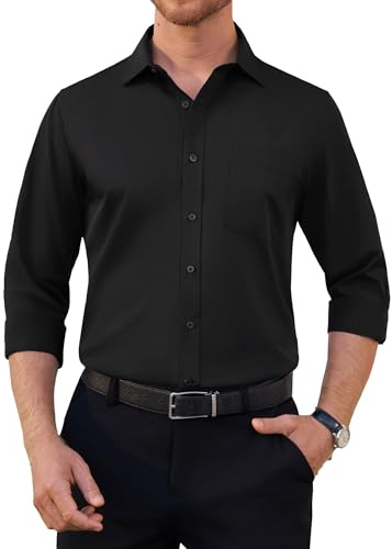 siliteelon Mens Shirts Black Shirt Long Sleeve Work Regular Fit Casual Business Formal Dress with Pocket Funeral Shirt M