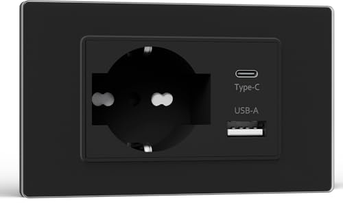 BSEED Presa Schuko e Presa Italiana con USB-A e Type-C, Prese Elettriche da Muro 10A/16A, Presa USB da Muro con Pannello di Vetro, Presa Bipassa 118mm Nero