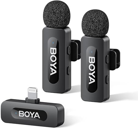 BOYA by-V2 Micrófono inalámbrico para iPhone, Mini microfono con Lightning, 48 KHz/16 bits, 9 h, Cancelación deRuido, Micrófono de Solapa, Modo Silencio, Micrófono lavalier con Clip de 360°