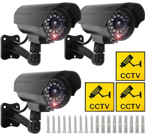 Sporgo Fotocamera finta 3 pezzi: telecamera di sorveglianza per esterni con luce a LED rossa lampeggiante, atrappa, telecamera di sorveglianza finte, telecamera di sicurezza per interni ed esterni