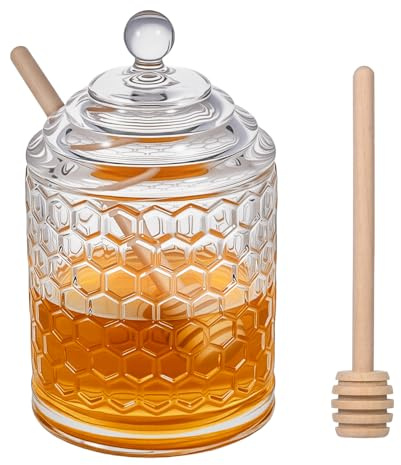 TPSUIPA 9 oz Clear Crystal Glass Honey Pot with 2 Dipper Sticks - No Drip Honey Dispenser Jar with Lid, Syrup Honey Container for Home Kitchen Storage Holder