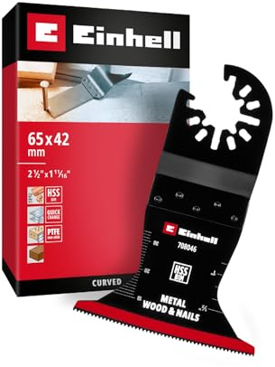 Original Einhell instickssågblad tillverkat av bi-metall för metall och träslöjd (65 mm bredd, 42 mm skärdjup, PTFE-finish, metalltänder, böjd kant, snabb byte)