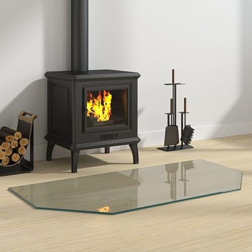 Glasplatte für Kaminofen, Kaminbodenplatte mit Dichtungslippe, Funkenschutzplatte, Tragfähigkeit 250 kg, 100 x 50 x 0.8 cm, Hartglas, Sechseck