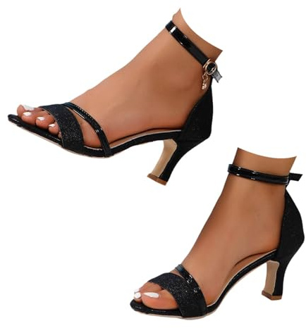 Zapatos de verano Mujer Tobillo y Línea Boca de Pescado Tacón Medio Zapatos Mujer Invierno Plano 40, Negro , 38 EU