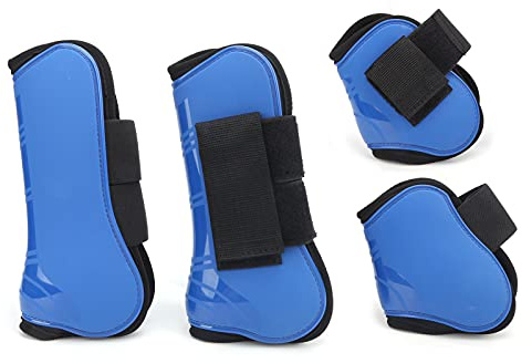 Qukaim Pferdesehnenstiefel 4er Set PU Shell Tendon Streichkappen Streichkappen Schutzstiefel zum Reiten Stoßdämpfender Sprungschutz Blau XL Verstellbare Pferdebeinstiefel