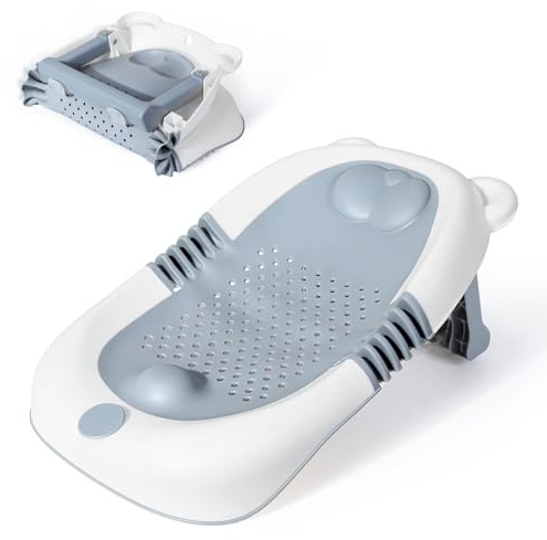 Orzbow Baby Bath Support, Foldable Baby Bath Seat with Integrated Headrest, Stable Baby Bath Tub with Non-Slip Base & Suction Cups, Soft Touch, Suitable for Newborn, Portable, Grey
