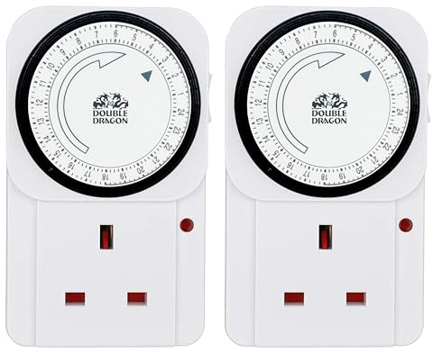 Double Dragon Pack of 2, 24 Hour Mechanical Timer Plug Socket| Programmable UK 3-Pin Timer Switch with 15-Minute Intervals |13A 3120W Energy-Saving Plug-in Timer for Lights, Appliances & Home Security
