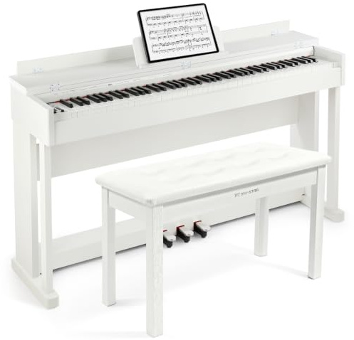 MUSTAR 88 Tasten Digitalpiano mit Hammermechanik, Klavierhocker, Weiß | Professionelles E-Piano Set, Pianobank, Doppelt Kopfhöreranschlüsse, 3 Pedalen, Möbel-Ständer, Stereo-Lautsprecher, USB-MIDI