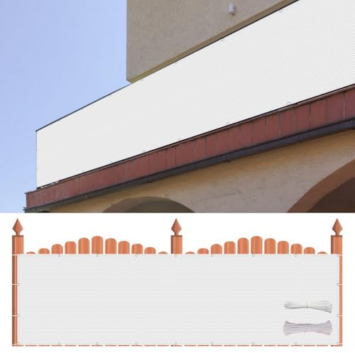 Balkonabdeckung 200 x 400 cm Wetterbeständiges Und Pflegeleichtes Hdpe-Spezialgewebe, Balkonbespannung Sichtschutz mit Kordel Und Kabelbinder für Balkon, Terrasse, Garten, Weiß