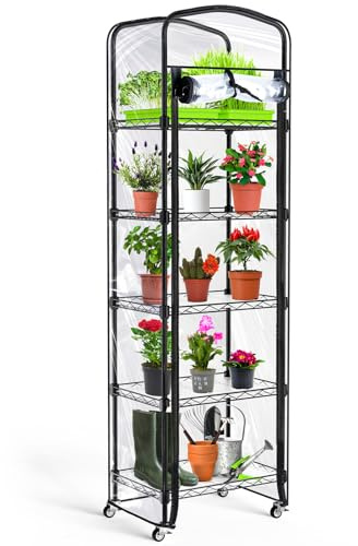 Abimars Mini-Gewächshausregal mit 5 Ebenen, höhenverstellbar, Metall-Pflanzenregal mit PVC-Abdeckung und Rollen, 25,4 x 38,1 x 142,2 cm