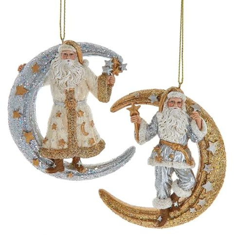 The Bridge Collection Set of 2 Santa Moon Ornaments - Glittered Crescent Moon Christmas Decor with Gold and Silver Santa Figures - Holiday Tree Decor with Celestial Fathers Christmas