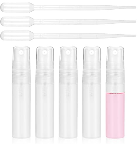 LIQWEI 5 Stück Mini Sprühflaschen, 5 ml Leere Parfüm Nachfüllbar Parfümzerstäuber mit 3 Stück Pipetten, Zerstäuber Nachfüllbar Kunststoff Sprayflasche Leer Sprühbehälter für Reisen Ausgehen
