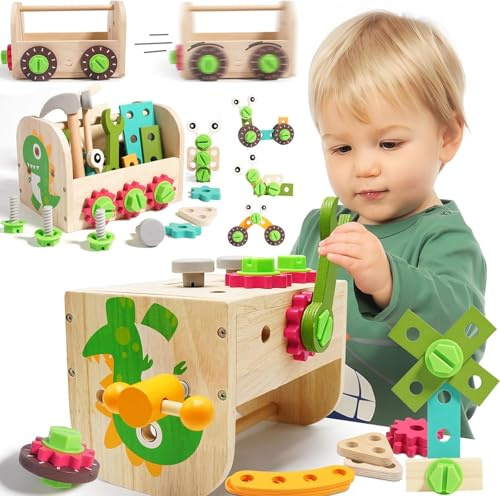 Muslecid Werkzeugkoffer Werkbank Kinderspielzeug 38PCS Montessori Spielzeug ab 2 Jahre Junge, 24 Stück Werkzeug Holz Motorikspielzeug STEM-Lernspielzeug, Geschenk Junge Mädchen Lernspiele 2 3 4 Jahre