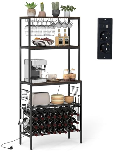 FANTASK Küchenregal Metall mit Steckdose, Standregal mit 3 Ablagen & 8 Haken & Glashalterung, Weinregal für 24 Flaschen, Mikrowellenregal für Küche, Wohnzimmer, Bar (Schwarz)