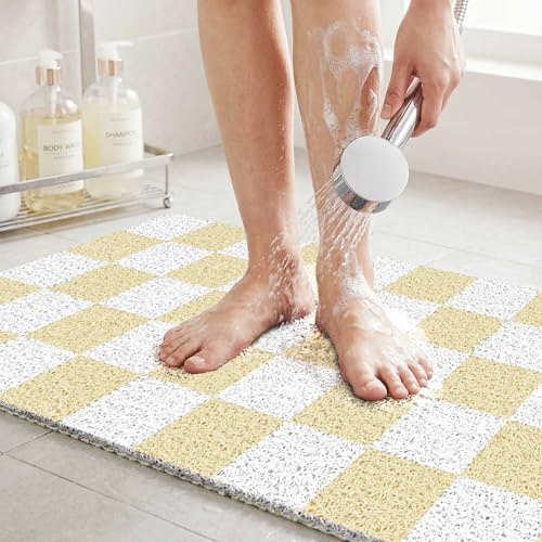 PVC Duschmatte rutschfest 40x80 cm kariert, Schimmelresistente & Schnelltrocknende Antirutschmatte für Dusche, Badezimmer und Feuchträume, Waschbare Duschunterlage ideal für Senioren, Beige kariert