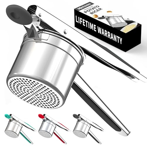 Minteem Large 15oz Potato Ricer for Mashed Potatoes, Heavy Duty 18/8 Stainless Steel Potato Masher for Baby Food & Spaetzle Maker, Masher and Ricer Kitchen Tool, Press and Mash Kitchen Gadget, Black