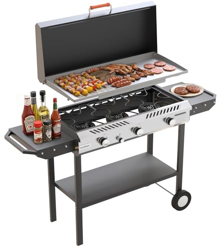 Veralune 3 Burner Propane Stove with Auto Ignition, 225,000 BTU Gas Griddle with Storage Shelf, Rolling Wheels, Portable Outdoor Cooking Stove for Patio Home Cooking and Frying