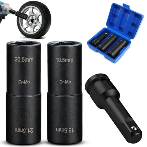 XEIYEI 3TLG Radmuttern Nuss Set Doppelkopf Schlagschrauber Nuss 18,5mm - 21.5mm Radmutternschlüssel mit 1/2 Zoll Kraft-Verlängerung Schlagnuss Kompatibel mit Ford Land Rover fit Alle Modelle