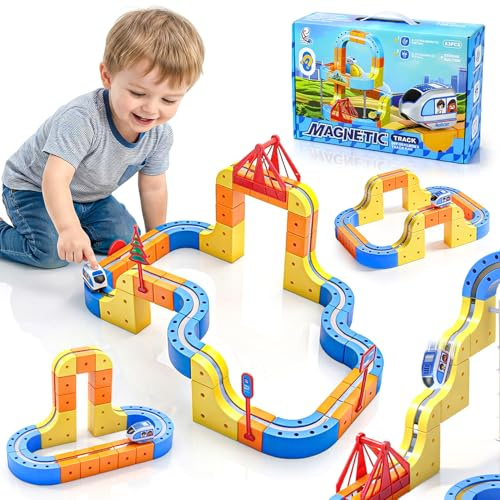 WUPIOS Electric Train Set for Kids 3 4 5 6 7 8, 3D Flexible Race Track 83 PCS Car Track for Toddlers 3-5, Magnetic Track Car Toys Gravity Defying Train Track Stem Learning Toy Gift Cube Track