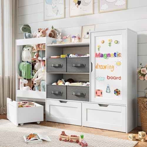 VortinT 61 W Kids Toy Storage Organizer with Stuffed Animal Storage, 3 Movable Storage Drawers, 4 Removable Storage Bins, Wooden Bookshelf with Magnetic Drawing Board for Kids Room & Playroom, White