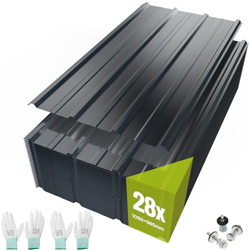Mondeer 28PCS Roofing Sheets, 16.6m² Galvanised Steel, 105 x 56.5 cm, Metal Corrugated Trapezoidal Grooved Roof for Outdoor Storage, Bin Store & Bike Shed, Includes Gloves and Screws, Dark Grey