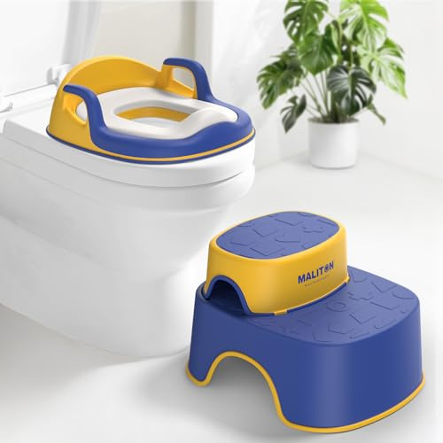 Maliton Riduttore WC Bambini, Design anatomico, Imbottitura morbida rimovibile, Sedile per Vasino con Sgabello (Un Vasino+Due Sgabelli per Bambini), Blu-Giallo