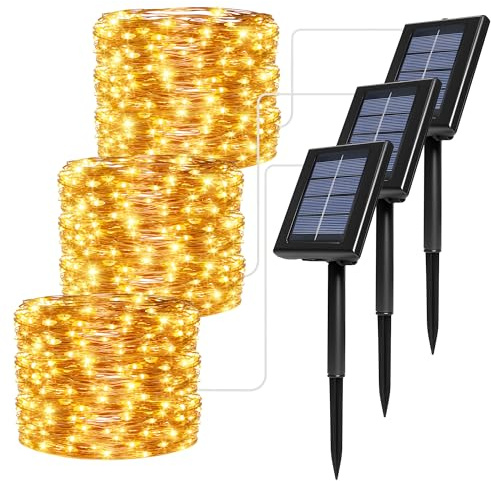 Soagrc 3 Stück Solar Lichterkette Outdoor - 3x20M 600 LED Lichterkette Außen, IP65 Wasserdicht, 8 Modi Solarlichterkette für Garten, Balkon, Terrasse, Baum, Warmweiß Deko Weihnachtsbeleuchtung