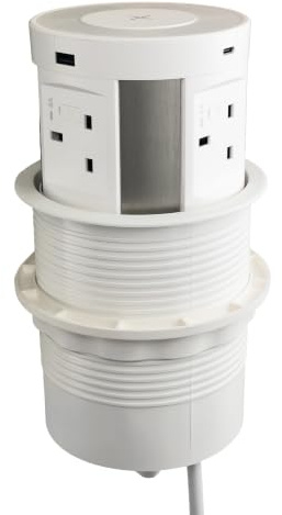 Assured Desk Power Pop-Up 4 Fused UK Sockets 2x USB-A 2x USB-C Qi Wireless Charger White 0.5m + 2m Starter Lead