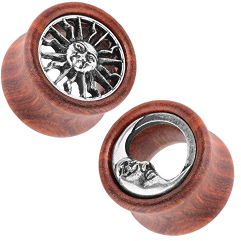 Piercingfaktor Flesh Tunnel Ohr Piercing Plug Ohrpiercing 1 Paar Holz Ear Organic Double Flared mit Sonne & Mond Inlay Braun Silber 2er Set