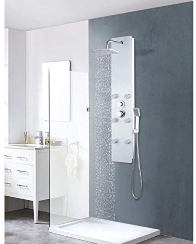 Festnight Panel de Ducha de Vidrio con 3 Función Set Ducha (Ducha Tipo Lluvia, Jets de Masaje y Ducha Manual con la Alcachofa) 25 x 44,6 x 130 cm Blanco