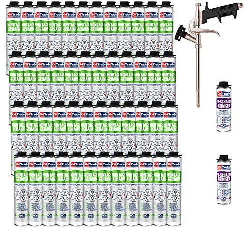 KM Trade Bauschaum-Set - Inkl. 48x 1K Montageschaum (je 750 ml), 1x Schaum-Pistole & 2x PU-Schaum-Reiniger (500 ml)