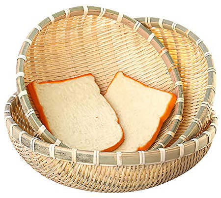 Cedilis 3 Pack Bamboo Basket Tray, Wicker Bread Baskets, 100% Natural Handmade Woven Fruit Baskets, U Shape Holder Flat Shallow Vegetables Serving Basket, Stackable, 25cm, 28cm, 30cm