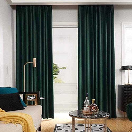 MYRU 1 Pair Pencil Pleat Velvet Curtains Dark Green Blackout Curtains for Bedroom and Living Room (Dark Green, 2 x 66x90 Inch)