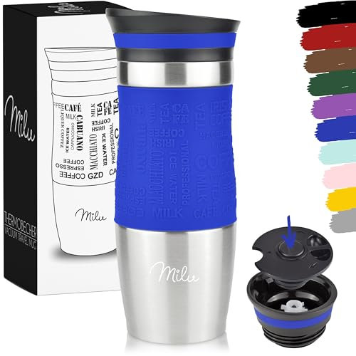 Milu Thermobecher Kaffee to go 370ml, 450ml Isolierbecher Kaffeebecher - 100% Auslaufsicher - Trinkbecher aus Edelstahl - Autobecher doppelwand Isolierung - Travel Mug (Blau, 370ml)