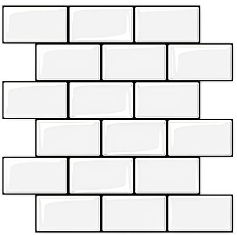 WOWSTAR Azulejos de subterráneos más gruesos para pelar y pegar, 30,5 x 30,5 cm, blanco con lechada negra (10 hojas)