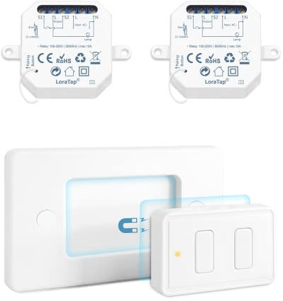 LoraTap Interruttore Luce Wireless 2 Gang, Telecomando con Base Magnetica, Interruttore Wireless Parallelo, Radio Trasmettitore a Parete e 2 Ricevitore a Relè RF 10A 100-250V AC, Bianco