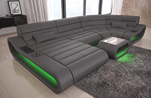 Wohnlandschaft Concept U Form Sofa in Leder - mit LED Beleuchtung, ergonomische Rückenlehnen, Recamiere/Lederfarben wählbar/Ausrichtung Ottomane wählbar (Ottomane Links, Grau)
