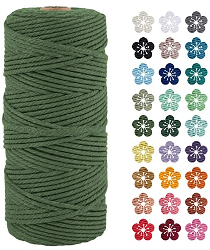 LEREATI Makramee Garn 3mm x 100m Armeegrün Baumwollkordel Natur Baumwollseil Farbig Baumwollgarn, Macrame Cord 3mm für DIY Geflochten, Makramee Deko, Hängepflanze, Wandbehang, Vorhang