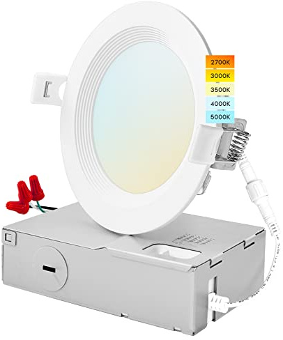 LUXRITE 4 Inch Ultra Thin LED Recessed Lighting, 10.5W, 5 Color Selectable 2700K | 3000K | 3500K | 4000K | 5000K, CRI 90, 750 Lumens, Dimmable LED Wafer Lights, Wet Rated, UL Listed, Baffle Trim