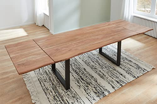 SAM Baumkantentisch 160 (260) x 90 cm Norino, Akazienholz massiv & stonefarben lackiert, Esszimmertisch inkl. 2 Ansteckplatten, echte Baumkante, Esstisch mit U-Metallgestell in Schwarz