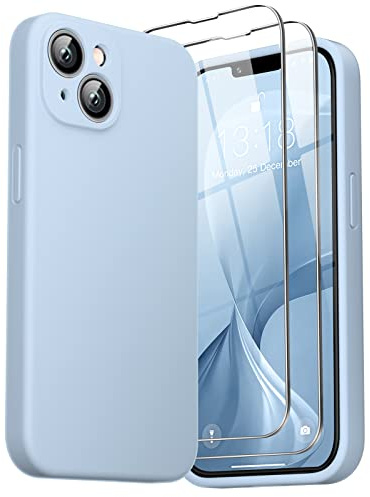 GOODVISH 3 in 1 Liquid Silikon Hülle für iPhone 14 Hülle, HimmelBlau | mit 2 Stück Schutzfolie, Stoßfester Kratzfestem Handyhülle Schutzhülle Soft Mikrofaserfutter Case für iPhone 13 6.1