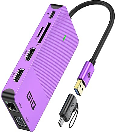 USB Docking Station GIQ USB C hub USB 3.0 to Dual HDMI VGA Adapter Triple Display Type-c Laptop Docking Station Dual Display Compatible with MacBook M1 USB c Dock-Purple