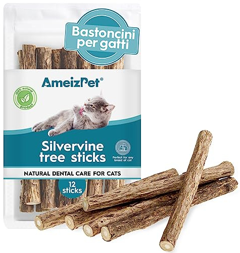 AmeizPet Erba Gatta Secca Per Gatto Pronta, Naturale Bastoncini Matatabi Per Gatti - Bastoncini Da Masticare, Silvervine Pulizia Denti Per Gatti 12 Pcs