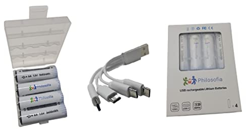 4X USB-AA Mignon Li-Ionen Akkus 3600mWh 1.5V inkl. 4er Typ-C Kabel Schnellladung in nur 45 Min. + Premium Akkubox in Originalverpackung